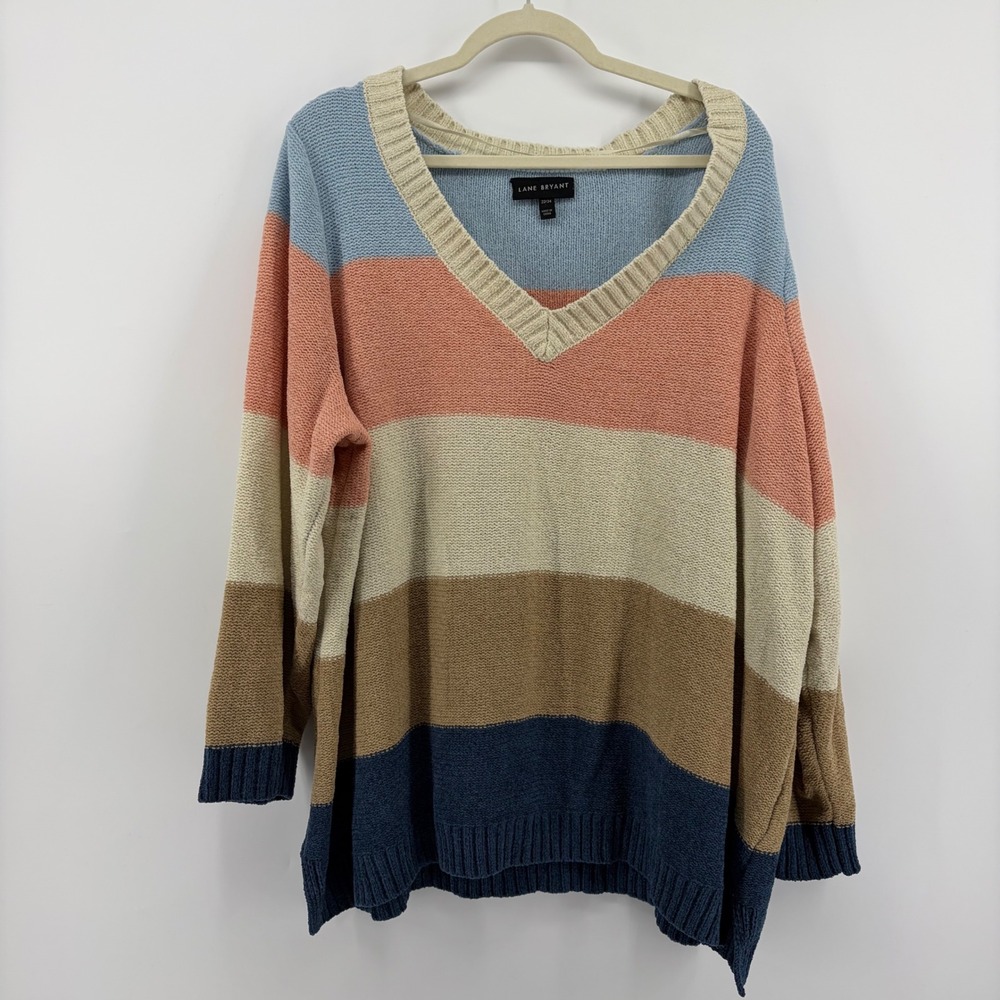 Lane Bryant Sweater Multicolor Women 22/24 Striped V-Neck Chenille Knit Pullover